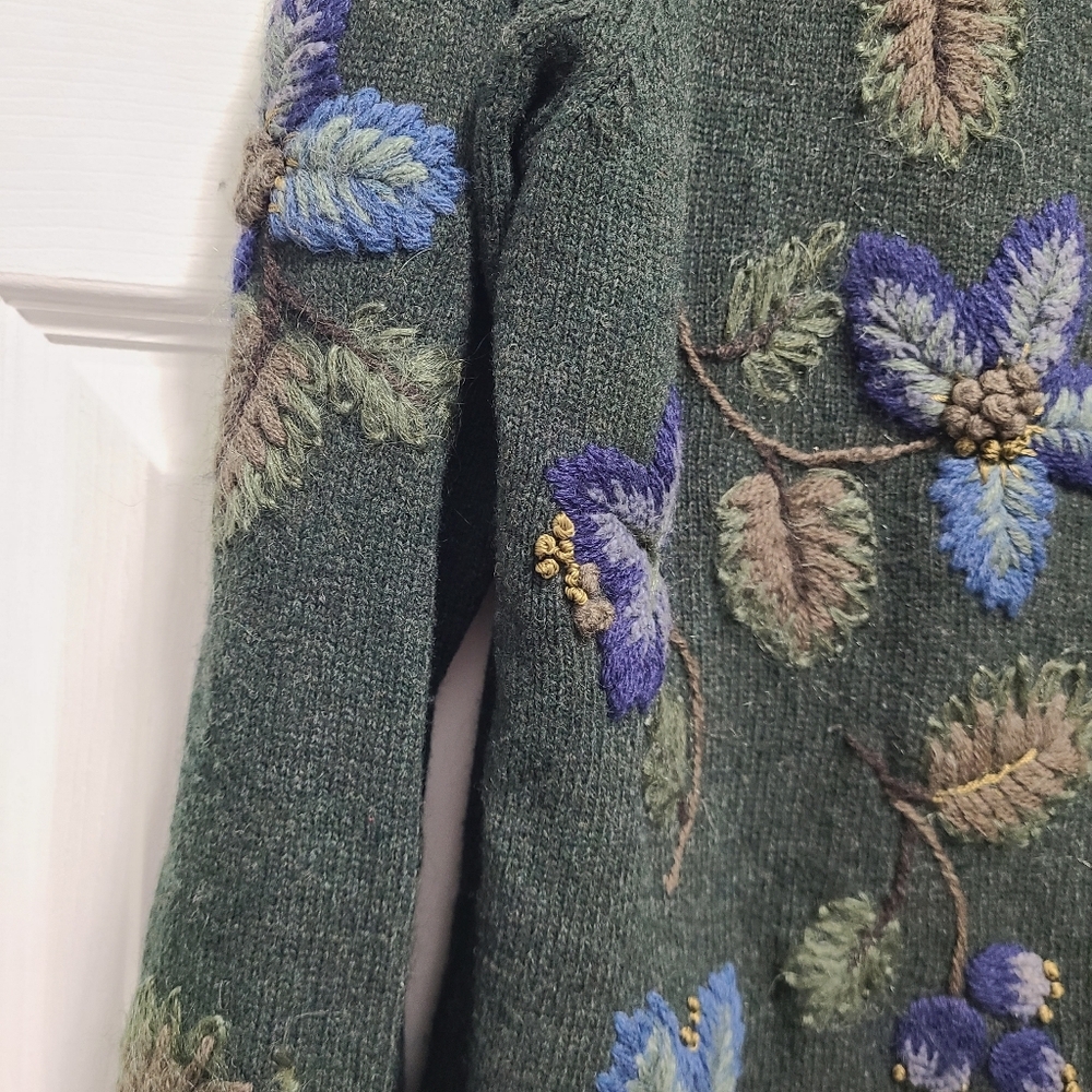 Talbots Floral Embroidered Lambswool Blend Vintage‎ Green Cardigan Large - Picture 8 of 16